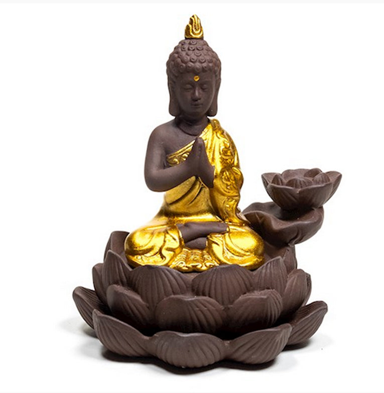 Brûleur d'encens à refoulement avec 'Bouddha', en céramique de 12x10x9 cm - ± 300 gr. Pour brûler l'encens à refoulement ou cônes normal !
