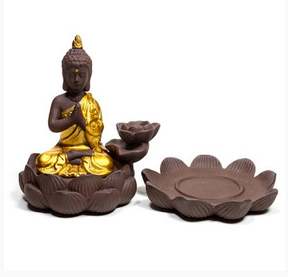 Brûleur d'encens à refoulement avec 'Bouddha', en céramique de 12x10x9 cm - ± 300 gr. Pour brûler l'encens à refoulement ou cônes normal !