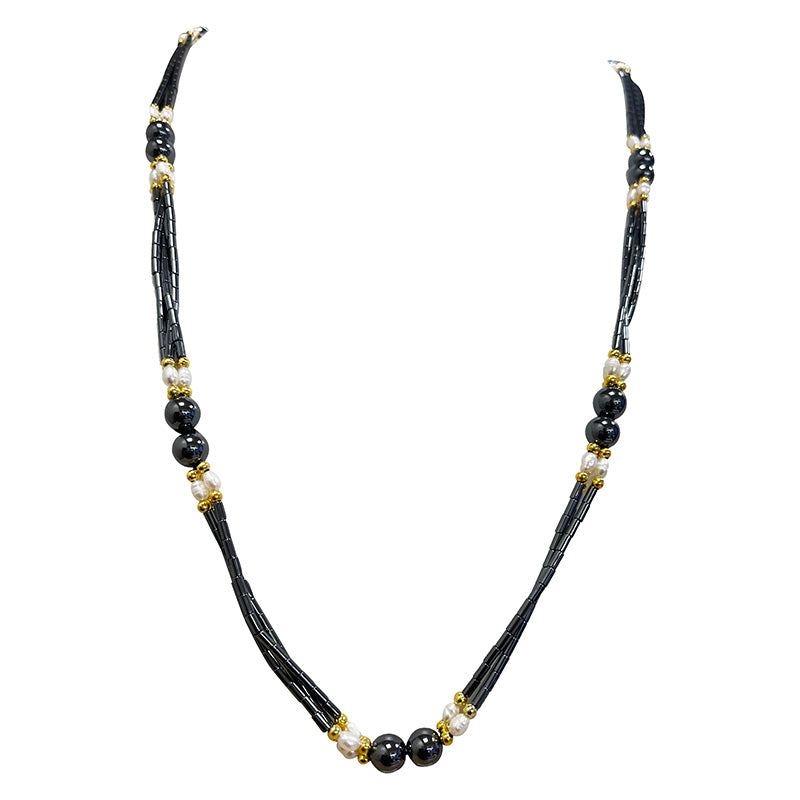 Hématite et perles biwa de 4 à 8 millimètres en collier de 70 cm - 3 finitions au choix pour le fermoir (Argent, laiton doré ou argenté) !