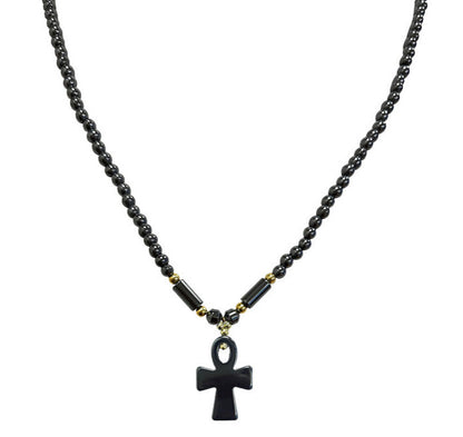 Hématite, collier avec pendentif en forme de 'Croix chrétienne' avec perles rondes de 6 mm. 47 cm. 3 finitions au choix pour le fermoir Argent, laiton doré, argenté !