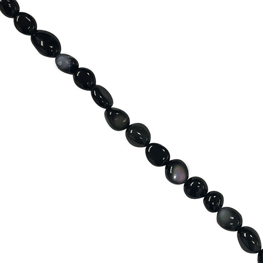Obsidienne œil céleste, bracelet de 17 à 21cm, collier de 42cm et sautoir de 60cm. Perles de type 'Graine' de formes naturelles montées sur fil de haute résistance !