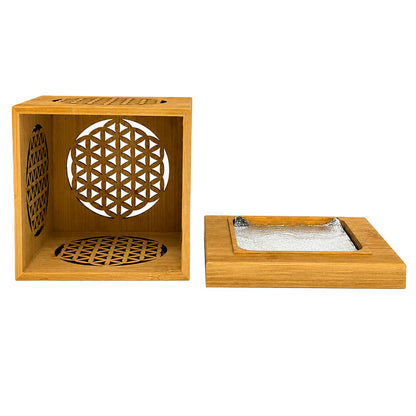 Cube brûleur d’encens Fleur de Vie en Bambou – Purification & Ambiance Zen - 10,3 cm x 9,5 x 7,5