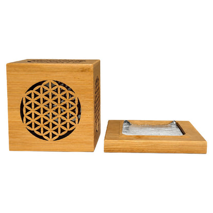 Cube brûleur d’encens Fleur de Vie en Bambou – Purification & Ambiance Zen - 10,3 cm x 9,5 x 7,5