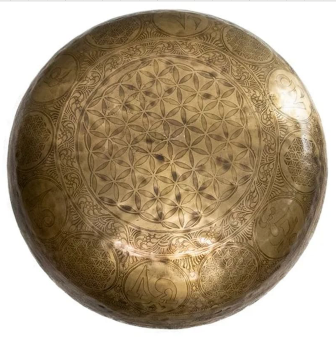 Bol chantant 50 cm – 10-11 kg, gravures : Pieds de Bouddha, 7 chakras, Fleur de la Vie, 8 symboles bouddhistes & mantra O.M.P.H