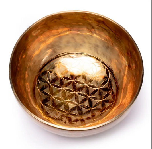 Bol de 'qualité supérieure' avec gravure de la fleur de vie, au choix de 20, 21 ou 22 cm. Vendu avec maillet adapté !