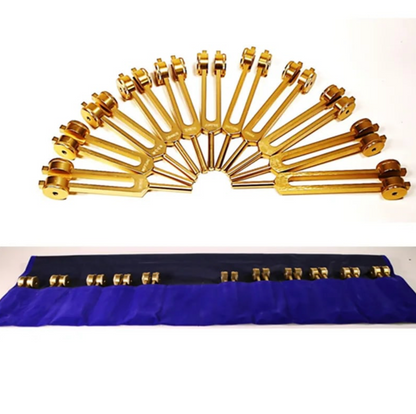 Sélection de 3 sets de finition 'Or' de diapasons pondérés ou non pondérés, en aluminium anodisé, de 18 à 21,5 cm. Livré dans 1 pochette en velours, fait en Inde !