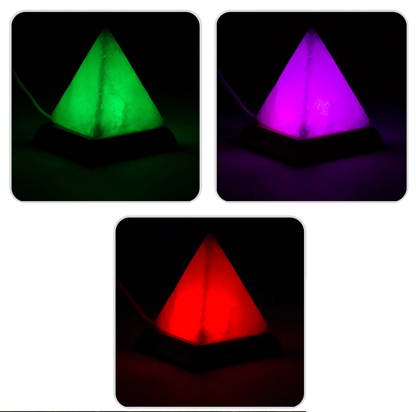 Lampe en sel à prise USB - 4 couleurs changeantes - En forme de pyramide sur socle en bois d'acacia. Provenance : Inde. 9 cm - 400 gr.