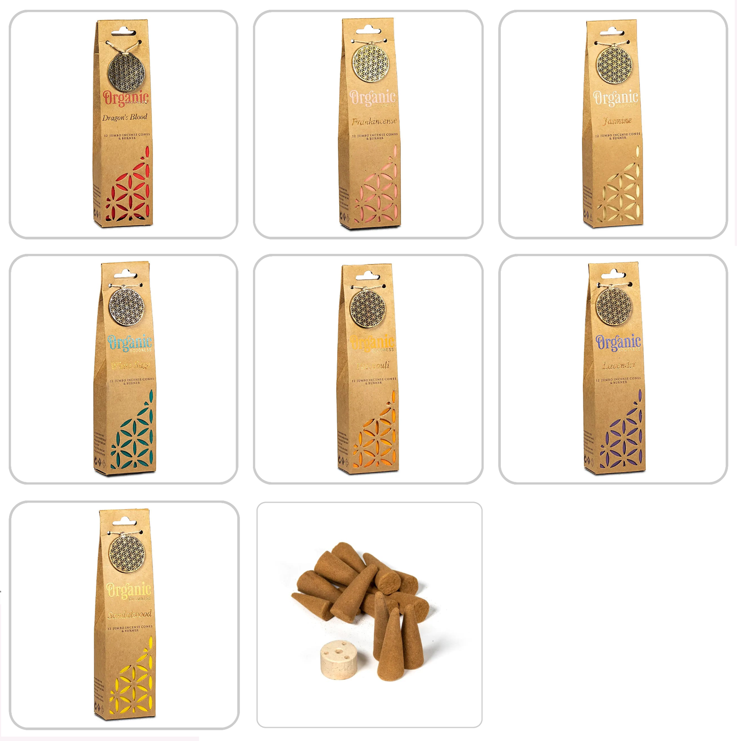 Cônes d'encens 'Organic Goodness', aux huiles essentielles. Vente par boîte de 72 grammes ou par 6 boîtes !