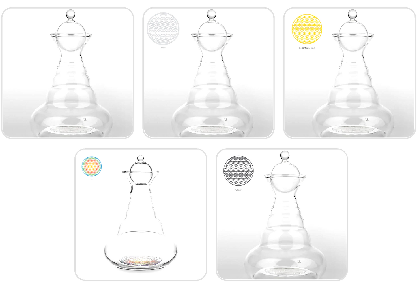 Carafe 'Alladin' 1,3 L – Nature’s Design, fleur de vie gravée, 5 finitions : Basic, Blanche, Multicolore, Or, Platine - Verre soufflé sans plomb !