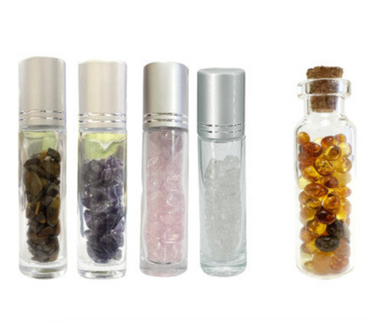 Roll-on/ Fiole de minéraux - 5 modèles : améthyste - cristal de roche - quartz rose - oeil de tigre + Fiole d'ambre ! Parfait pour la préparation d'elixir !
