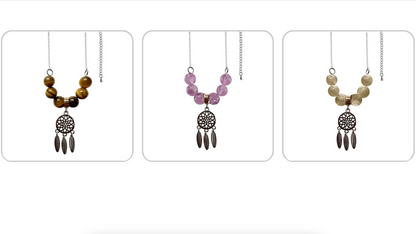 Chaîne en Améthyste, labradorite, œil de tigre, avec pendentif attrape rêve sur chaînette avec rallonge de 41,5 à 45 cm (bronze galvanisé).