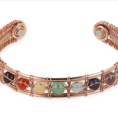 Bracelet magnétique en cuivre avec perles 7 chakras et aimants fixés aux deux extrémités - 7 x 6 cm/ 20gr.