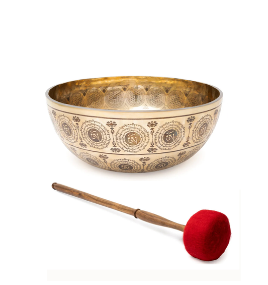 Bol chantant 50 cm – 10,5 kg avec gravures des chakras, du dorge et de la Fleur de Vie - Vendu avec maillet XL de 70 cm