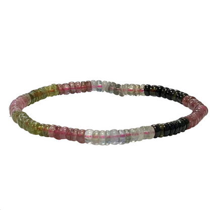 Tourmaline multicolore, collier ou bracelet en formes de 'pastilles facettées' de 2/3 ou 4/6 millimètres. En bracelet de 17 à 21cm, en collier de 45 ou sautoir de 60cm. Qualité AA à AAA, superbes perles !