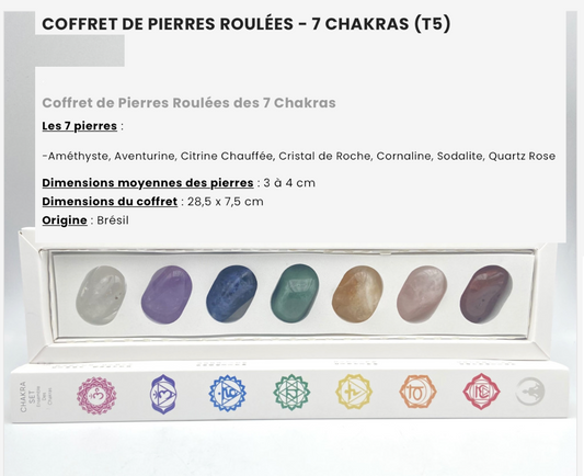 Kit 7 chakras qualité 'Deluxe', 7 pierres de 3 à 4 centimètres. Parfait pour la lithothérapie, en cadeau, en collection...