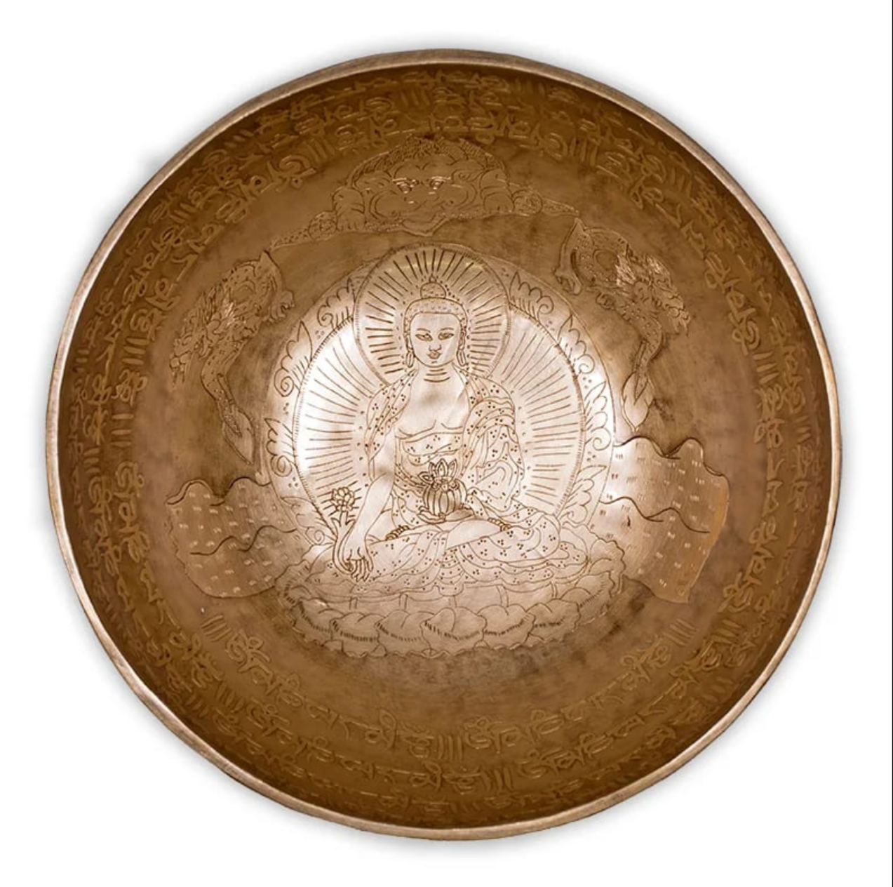 Bol avec gravure du Bouddha de la Médecine de 22/23 centimètres - ±2500 grammes. Vendu avec maillet adapté ! Magnifique pièce !