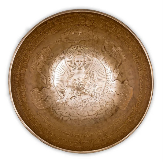 Bol avec gravure du Bouddha de la Médecine de 22/23 centimètres - ±2500 grammes. Vendu avec maillet adapté ! Magnifique pièce !