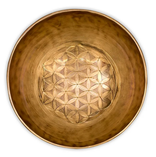 Bol chantant gravé de la Fleur de vie, au choix de 20 ou 21 cm - 950 ou 1200 gr. Vendu avec maillet adapté ! Magnifiques pièces !
