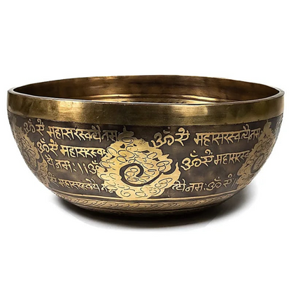 Bol avec gravure de la déesse 'Saraswati' en fond intérieur, de 27 cm - 1800 gr. Vendu avec maillet adapté. Fait main au Népal !