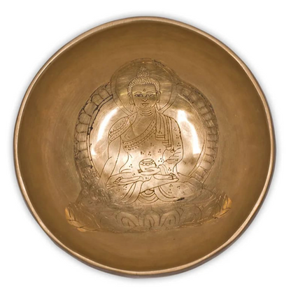 Bol avec gravure du Bouddha de la Médecine, 13 cm - ±550 gr. Vendu avec maillet adapté, magnifique pièce !