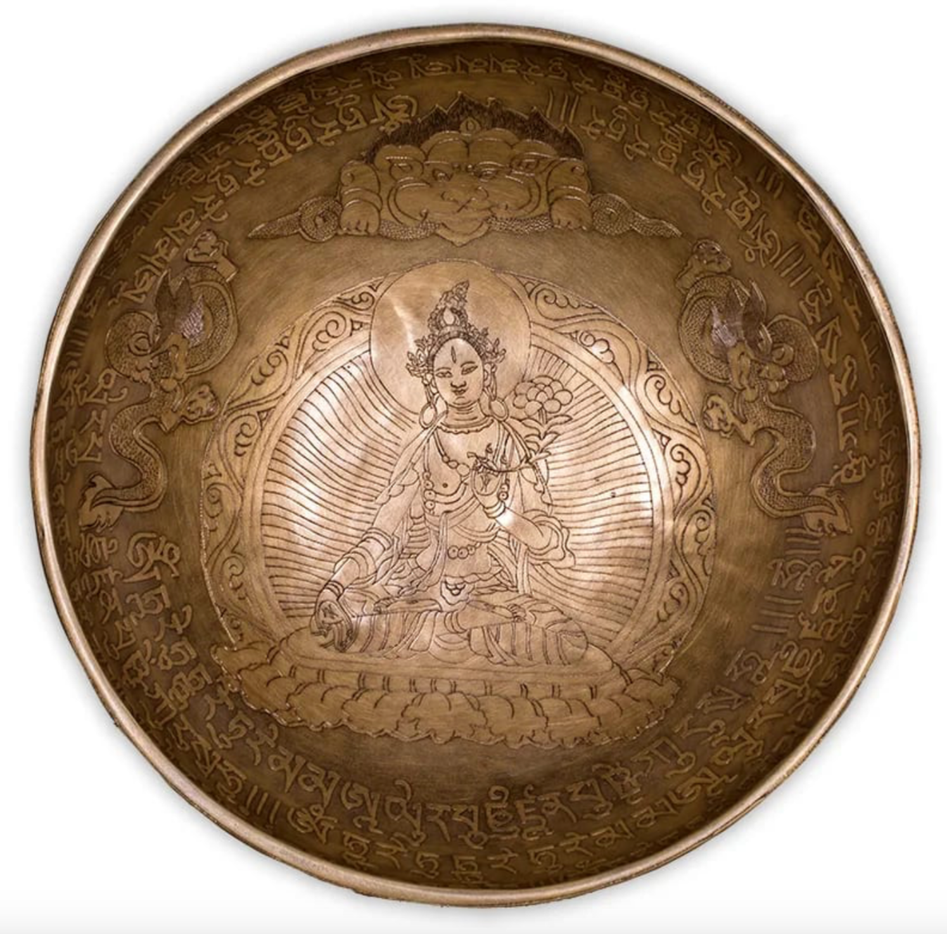 Bol avec gravure de la'Tara Blanche' en fond intérieur, de 28 cm - +/- 2200 gr. Vendu avec maillet adapté, magnifique pièce du Népal