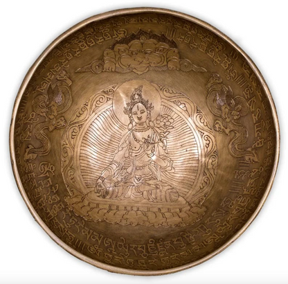 Bol avec gravure de la'Tara Blanche' en fond intérieur, de 28 cm - +/- 2200 gr. Vendu avec maillet adapté, magnifique pièce du Népal