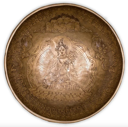 Bol avec gravure de la'Tara Blanche' en fond intérieur, de 28 cm - +/- 2200 gr. Vendu avec maillet adapté, magnifique pièce du Népal