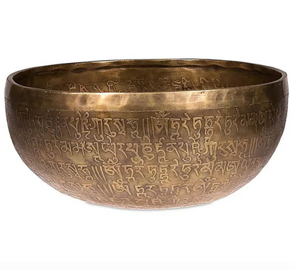 Bol avec gravure de la'Tara Blanche' en fond intérieur, de 28 cm - +/- 2200 gr. Vendu avec maillet adapté, magnifique pièce du Népal