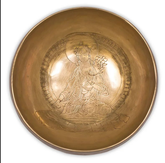 Bol avec gravure de la déesse 'Tara Blanche', de 13 cm - ± 500 grammes. Vendu avec maillet adapté, magnifique pièce du Népal !