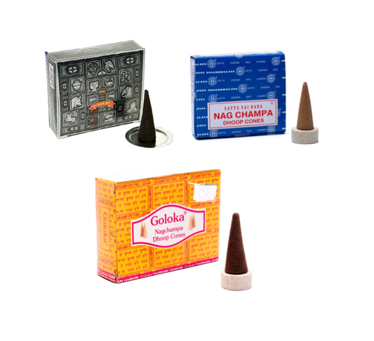 Cônes d’encens 'Super Hit' - 'Nag Champa' - 'Goloka' - Encens premium pour une ambiance zen ! Par une ou douze boîtes !