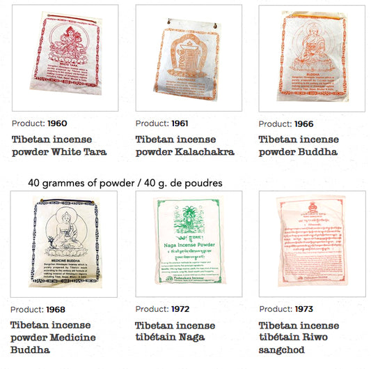 Encens original de chez 'Gangchen', en poudre*, sachet de 40 gr., préparé par des moines dans la région de l'Himalaya selon une recette traditionnelle.  Ingrédients 100% naturels !!
