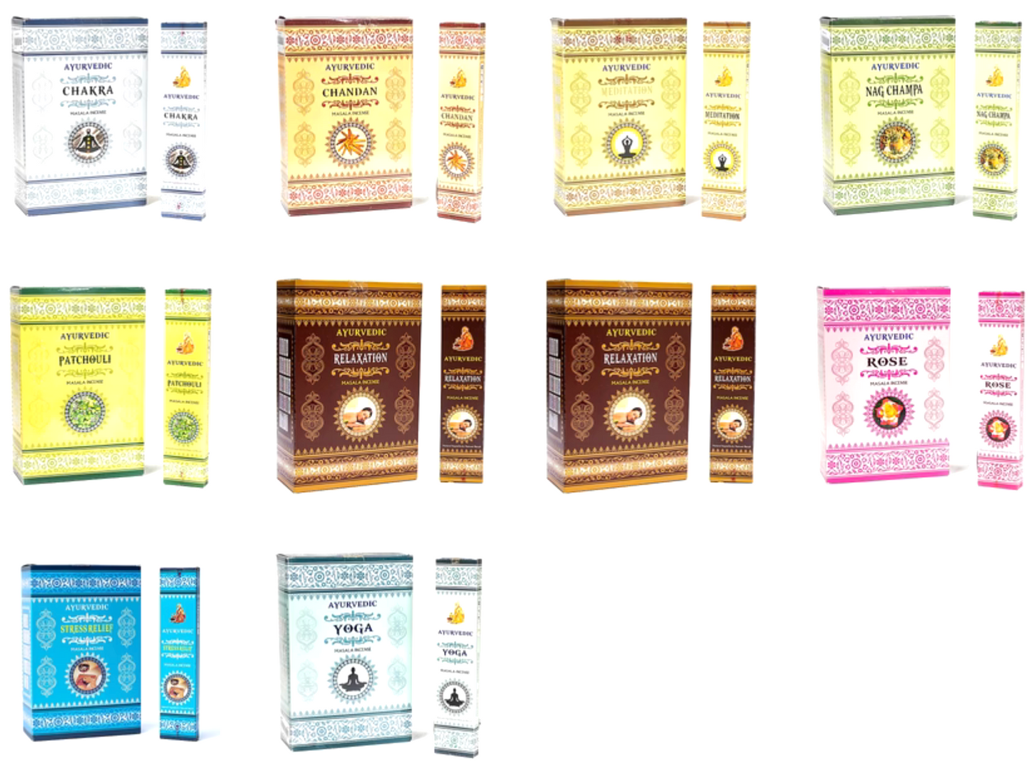 Encens ayurvédique 'Masala Incense', 12 parfums au choix, 100% naturel et roulé à la main. Boîte de 12x15 bâtons. Combustion ±60 min !