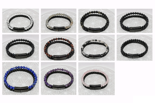 Bracelet, collection n°4, double-rang perles 8 mm, cuir + fermoir magnétique, 20,5 cm, perles AA-AAA !