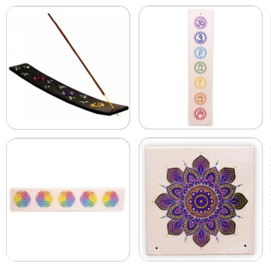 Sélection de porte-encens pour bâtonnets, en pierre naturelle de stéatite ou en grès. Longueur : 25 à 26 cm. Élégants et authentiques !
