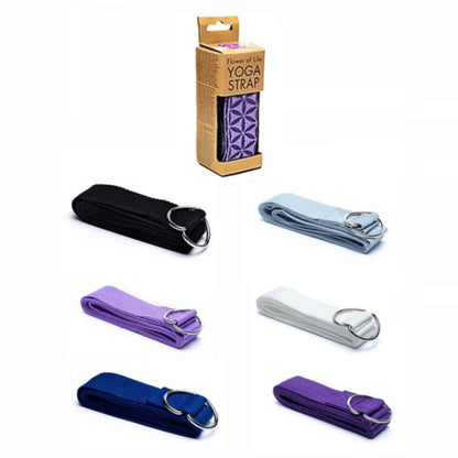 Sélection de ceinture de maintien de yoga fabriqué en coton biologique robuste avec une fermeture à anneau en D qui rend la ceinture facile à ajuster. Taille 184x4 centimètres - Poids 85 grammes