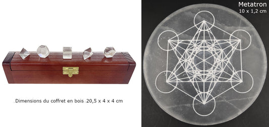 Solides de Platon en cristal de roche. Ø de 1.3 à 1.7 cm - 5 à 7gr. Vendu avec ou sans coffret en bois + disque de sélénite en option !