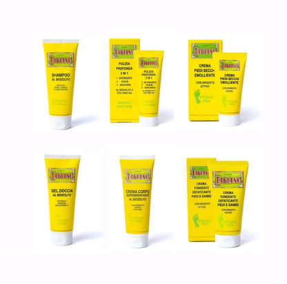 Sélection de chez 'Tabiano', shamppoing, gel, crème... de 75 à 250 millilitres. Produits particulièrement adaptés à tous les problèmes de peaux (visage, pied, jambe)... grâce à sa composition avec le Bio-Soufre !