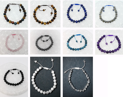 Collection de bracelets n°5, à fermeture coulissante de type 'Mala, simple rang, avec perles de 8mm - De 7 à 21 cm. Superbes perles de qualité AA à AAA !