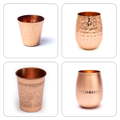 Verre/ Gobelet  en cuivre (Tamba) - 4 finitions au choix : lisse, martelée, floral, lune - 0,350 L – 118 gr - Fait en Inde !