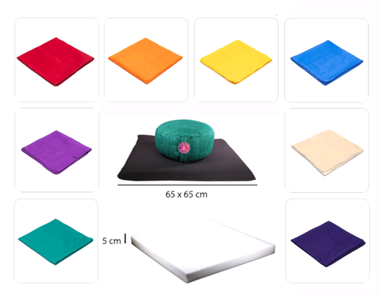 Housse pour tapis de Méditation en coton, 7 couleurs au choix + 1 Modèle en chanvre + option 'carré en mousse pour rembourrage'. taille 65x65x5 centimètres. Fait au Népal !