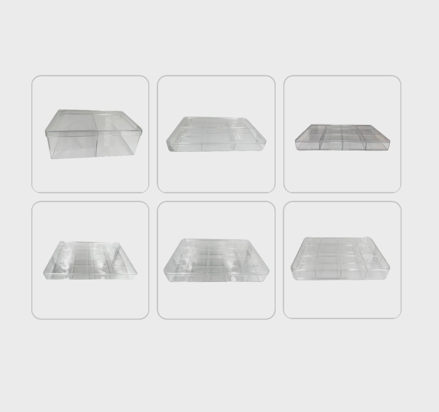 Sélection de boîtes en PVC avec couvercles coulissants – 2 à 15 compartiments – Idéal pour minéraux, cristaux et bijoux – Dimensions 22 à 35 cm !