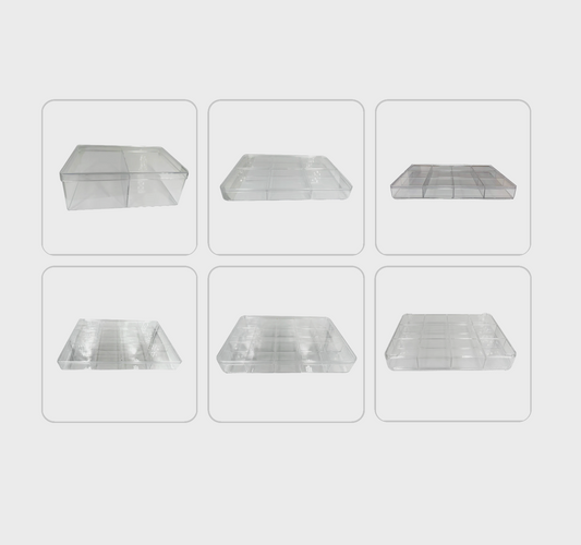 Sélection de boîtes en PVC avec couvercles coulissants – 2 à 15 compartiments – Idéal pour minéraux, cristaux et bijoux – Dimensions 22 à 35 cm !