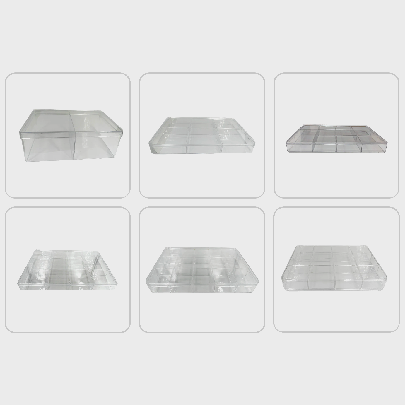 Sélection de boîtes en PVC avec couvercles coulissants – 2 à 15 compartiments – Idéal pour minéraux, cristaux et bijoux – Dimensions 22 à 35 cm !