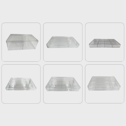 Sélection de boîtes en PVC avec couvercles coulissants – 2 à 15 compartiments – Idéal pour minéraux, cristaux et bijoux – Dimensions 22 à 35 cm !