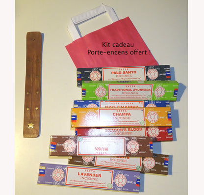 PACK CADEAU 🎁 – 8 encens 'Satya Agarbatti' série Classique + 1 porte-encens bois offert ! Marque reconnue, excellente qualité, idéal pour débuter !