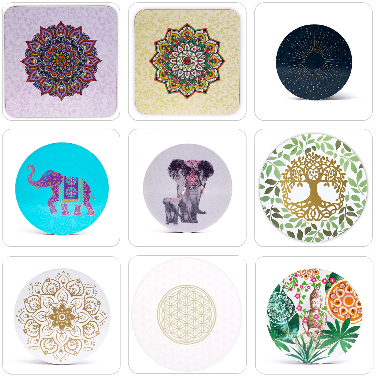 Sélection de dessous de verres, ensemble de 6 pièces avec de superbes motifs : Bouddha, éléphant, fleur de vie, mandala... 9 modèles aux choix, parfait !