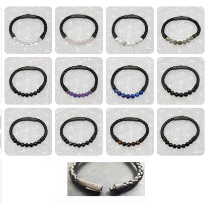 Bracelets cuir avec perles 8 mm – Collection n°3 homme/femme, fermoir magnétique, longueur 18,5 cm.