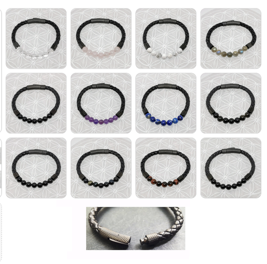 Bracelets cuir avec perles 8 mm – Collection n°3 homme/femme, fermoir magnétique, longueur 18,5 cm.