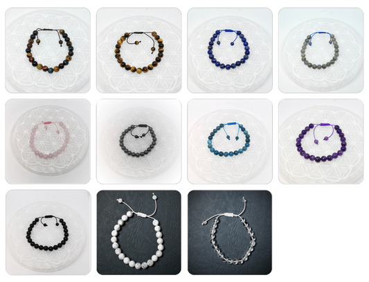 Collection de bracelets n°5, à fermeture coulissante de type 'Mala, simple rang, avec perles de 8mm - De 7 à 21 cm. Superbes perles de qualité AA à AAA !