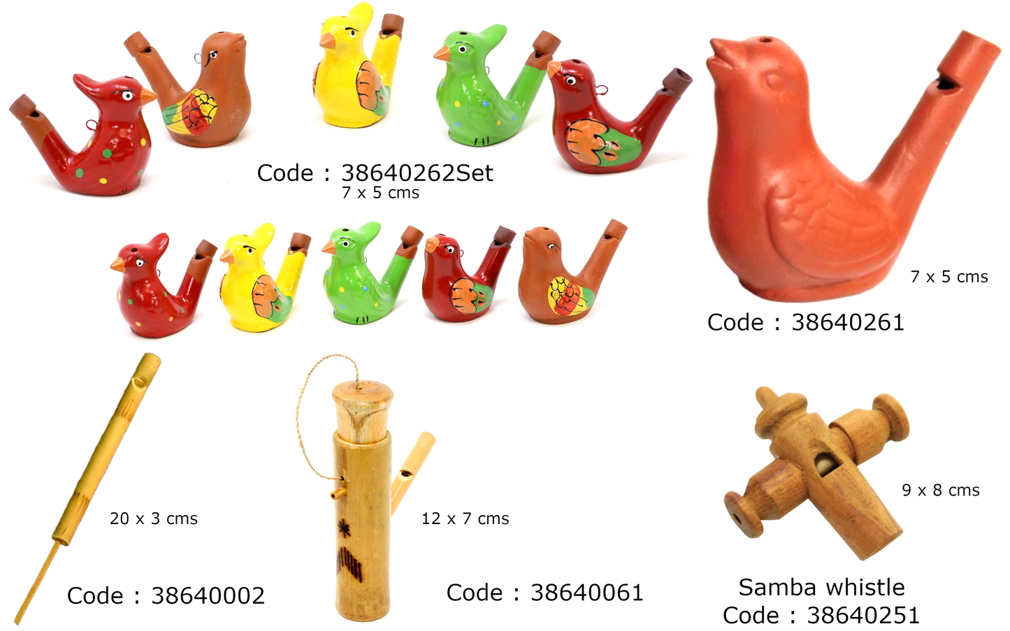 Sélection de sifflets en terre cuite, en bambou ou en bois. vendu seul ou en set de 5 pièces. Superbes pièces !